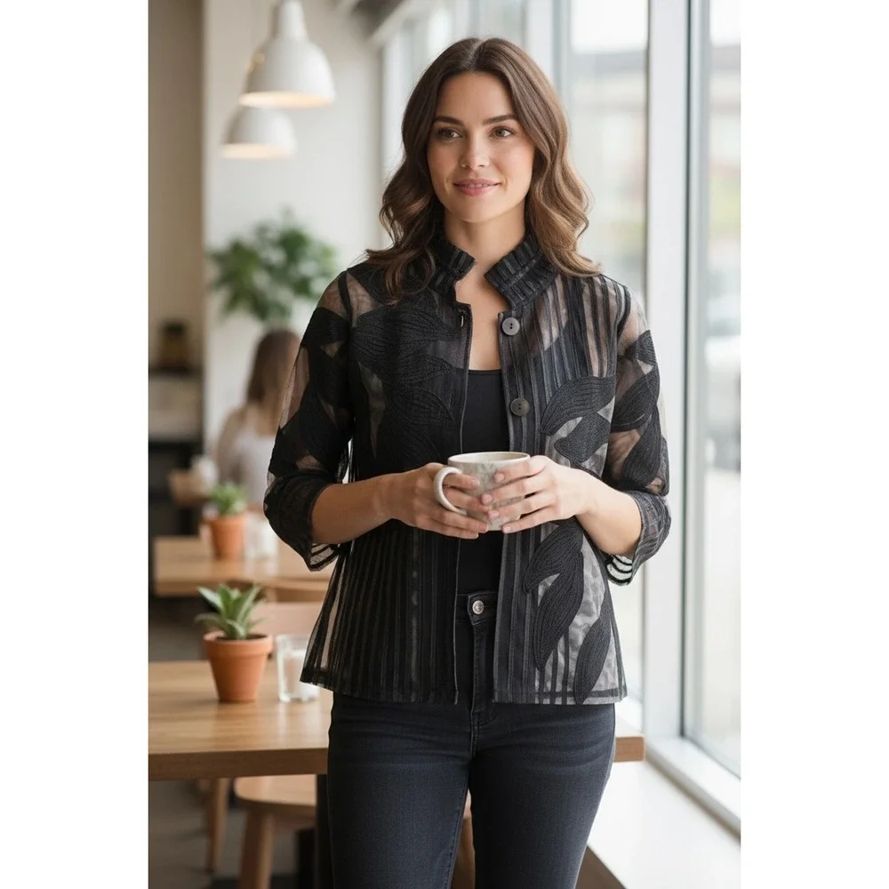 DAMEE Two Tone Soutache Women's Black Sheer Lace Leaf Button Front Jacket Size L
